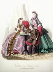 2 kvinnor och en pojke: Mode - i "" Magazine des damoiselles", december 1864