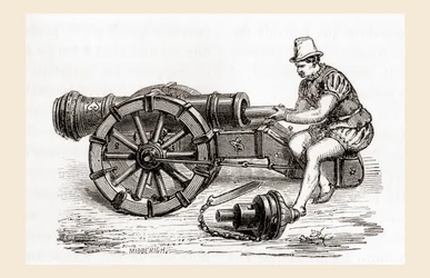 En tysk kanon med bakslut från 1500-talet från Les Merveilles de la Science, publicerad ca 1870 (gravyr)