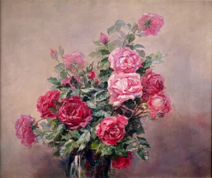 En skål med röda och rosa rosor