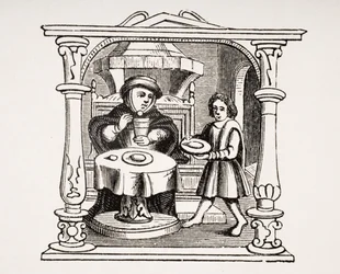 A Burgess Eating his Meal, efter en illustration i ett 1500-talsmanuskript, från Le Moyen Age et La Renaissance av Paul Lacroix (1806-84) publicerad 1847