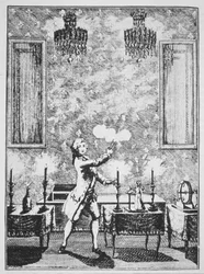 A Demonstration of Conjuring från La magie Blanche devoilee av Decremps, 1659, illustrerad i a History of Magic, publicerad i slutet av 1800-talet