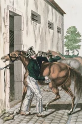 En dragon som sköter sin häst, skylt 257 från en serie franska kejserliga soldater, ca 1800-10