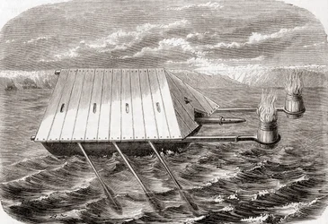 Ett grekiskt eldskepp, efter en teckning i ett latinskt manuskript från 1200-talet, från Les Merveilles de la Science, publicerat ca 1870 (gravyr)