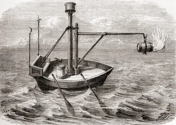 Ett grekiskt eldskepp, efter en teckning i ett latinskt manuskript från 1200-talet, från Les Merveilles de la Science, publicerat ca 1870 (gravyr)