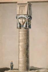En Hathor-huvudstolpe vid Dendarah, illustration Beskrivningar av Egypten av Edmonde Francois Jomard (1777-1862) publicerad 1809-22 (wc på papper)