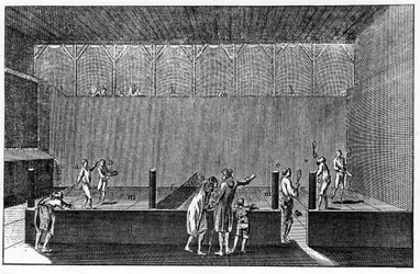 En Jeu de Paume under Ludvig XIV:s regering, baserad på ett tryck från Diderot och Alemberts uppslagsverk