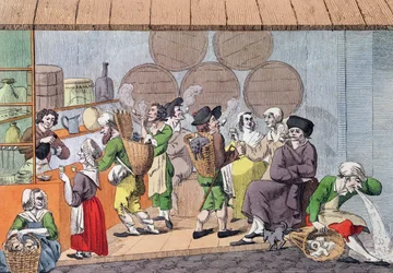 Ett möte mellan konstnärer, lerskrapor och trashandlare, karikatyr av ett populärt kafé på Palais Royal i Paris, ca 1800