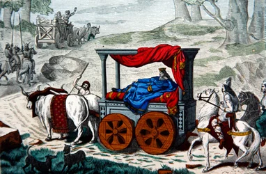 En merovingerkung som bärs i en kull ritad av oxar (färg litho)