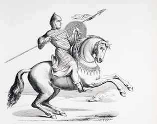 En normansk riddare klädd i ringbrynja och hjälm som bär spjut och sköld, 1873