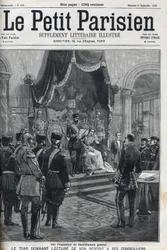 Ett förslag om allmän nedrustning (framställt till de europeiska makterna) - Tsar Nicholas II (1868-1918) läser upp sin reskription för sina rådgivare. Le Petit Parisien