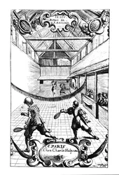 Ett kungligt tennisspel i Jeu de Paume, Versailles, utgiven av Charles Hulpeau