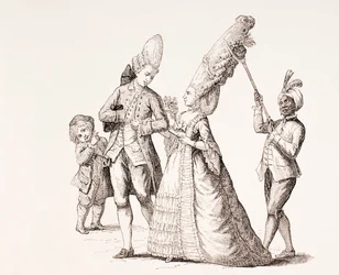 En satir över kvinnors extrema frisyrer i 1700-talets Paris, 1875
