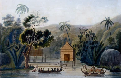 Ett Spirit House på styltor i Offak Harbour, Waigou Island, från Voyage Around the World på Corvette Coquille av löjtnant Louis Isodore Duperrey, 1826