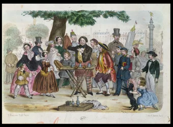 En gatumagiker nära Place de la Bastille, Paris, graverad av H. Jannin, ca 1840-50