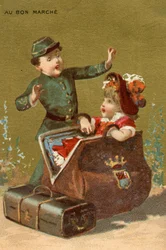 En överraskning i bagaget, från en serie illustrationer av barn, producerade som reklamkort för Bon Marché-varuhuset i Paris, ca 1890
