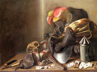 Ett Vanitas stilleben med dödskalle, spelkort och rustning, ca 1650 (olja på duk)