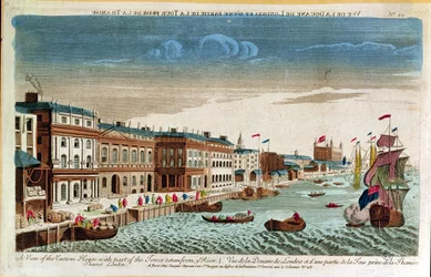 En utsikt över Custom House med en del av tornet, taget från Themsen, London, mitten av 1700-talet (färggravyr)