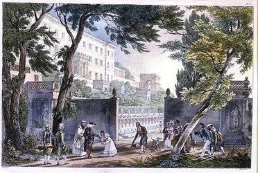 En villa i Rom, graverad av Villain, c.1820 (färg litho)