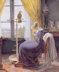 En kvinna som matar en papegoja i ett interiör, ca 1820 (wc med gouache på papper)