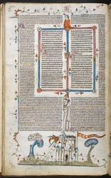 En bas-de-page scen av en man som försöker invadera ett slott, dödad av en av försvararna, från Smithfield Decretals, Royal 10 E. IV, f.18v