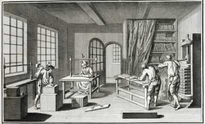 En bookmakerworkshop, från Encyclopedie des Sciences et Metiers av Denis Diderot (1713-84) publicerad ca 1770