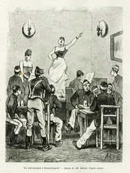 Ett kafé som sjunger i Bourg Leopold. Gravyr av A.Hubert för att illustrera berättelsen La Belgique, av Camille Lemonnier, i le tour du monde 1886, regisserad av Edouard Charton (1807-1890), Hachette, Paris.