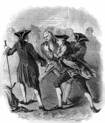 En konfrontation mellan "" Gluckistes"" och "" Piccinistes""" som illustrerar rivaliteten mellan kompositörerna Christoph Willibald Gluck och Niccolo Vito Piccinni. Gravyr från 1856.