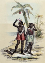 Ett par och ett spädbarn på en strand; illustration av Marquesasöarna i "De tolv nationerna" av M. E. Fouinet