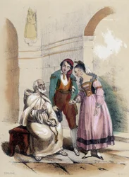 Ett par som gifter sig i kyrkan; illustration för Spanien, -i "De tolv nationerna"" av M.E. Fouinet