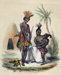 En familj kanadensiska indianer framför sina tipier; illustration av Kanada i "De tolv nationerna" av M. E. Fouinet