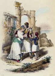 En familj omgiven av ruiner; illustration till Grekland i ”De tolv nationerna” av M. E. Fouinet