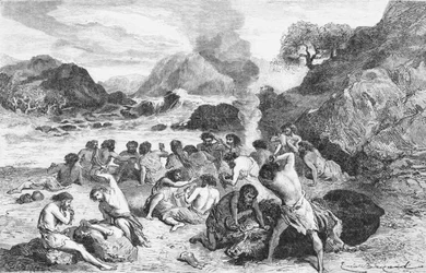 En fest under stenåldern, illustration från LHomme Primitif av Louis Figuier, utgiven av Hachette, 1870