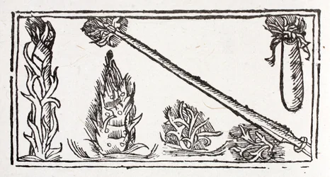 En flammande lans, en stigande låga och flammande gnistor