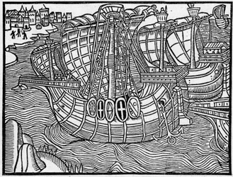 En flotta på 1400-talet, efter en gravyr av "Vergier Dõhonneur". Gravyr i "La Marine et les colonies: handel"