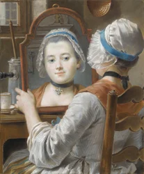 En flicka med huva och tittar på sig själv i en spegel med en choklad och en kopp på bordet, ca 1750