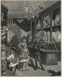 En guldbutik i Frankrike på 1800-talet. Gravyr från 1885 i "" Les arts et metiers illustres"" av Adolphe BITARD.