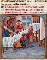 En man delar sitt bord med en fattig i nöd Miniatyr hämtad från "Le livre de bonnes moreurs de Jacques Legrand" 1490 Chantilly, Musee Conde