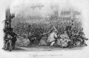 En maskerad bal på Parisoperan 1843. ("Le carnival"" sång av Marc-Antoine Madeleine Desaugiers) i "" - CHANS et CHANS POPULES DE LA FRANCE - 1843 - H.- L. DELLOYE, förläggare, LIBRAIRIE DE GARNIER.