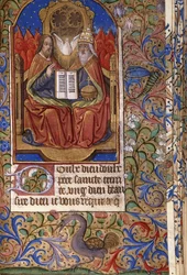 En miniatyr från en timbok, på latin och franska, föreställande treenigheten på tronen av änglar, ca 1485