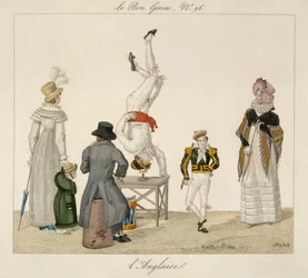 En artist som står på huvudet och balanserar på ett glas, tallrik 96 från le Bon Genre, ca 1810 (färggravyr)