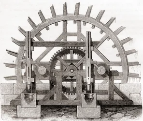 En pulverkvarn och dess vattenhjul, efter en teckning från 1800-talet, från Les Merveilles de la Science, publicerad ca 1870 (gravyr)