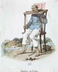 En fånge i Cangue i Kina, ca 1800 (färgstick)