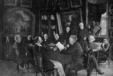 En läsning på comedy-francaise (Comedie francaise): alexandre Dumas son läser en av sina komedier inför kommittén.