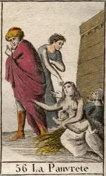 En representation av fattigdom, barfota och klädd i skärvor, sitter hon på halm. (Representation of Poorness, klädd med trasor, barfota, hon sitter på halm). Från "Mythology of Youth" av Pierre Blanchard 1803.