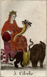 En representation av den gudomliga Cybele (av frygiskt ursprung) som personifierar Moder Natur, hon håller ett ymnighetshorn i sina händer. Från "Mythology of Youth" av Pierre Blanchard 1803.