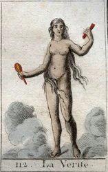 En representation av sanningens gud, en naken ung kvinna med ett uppriktigt ansikte, hon håller i en spegel. (Representation of Truth, som en naken ung kvinna med rättframt ansikte håller hon en spegel). Från "Mythology of Youth" av Pierre Blanchard 1803.