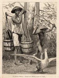 En invånare i Hatien (Vietnam) som bär hinkar och korg och ett barn som jagar en gås med en pinne, graverar efter en teckning av Robin som illustrerar resan till Cochinchine, av doktor Morice, 1872, publicerad i "" Le tour du monde"" ” 1875, redigerad av E