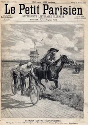 En ryttare tävlade mot velocipedister: William Frederic Cody (1846-1917), känd som Buffalo Bill, känd som King of the Cowboys och cyklisterna Gaby och Fournier in Tandem. En av tidningarna "Le petit Parisien"" 1893-11-26 (gravyr)