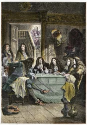 En salong (Cabaret) som sammanför de franska författarna Jean de La Fontaine (1621-1695), Nicolas Boileau-Despreaux (Boileau Despreaux) (1636-1711), dramatikern Jean Baptiste Poquelin dit Moliere (1622-1673) och poeten Jean Racine ( 1639-1699) - Fontänen, 