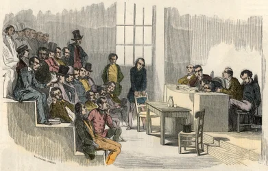 En seans av aggregationstävlingen på Sorbonne i Paris på 1800-talet - Gravyr i "" Tableau-de-Paris"" av Edmond Texier 1852